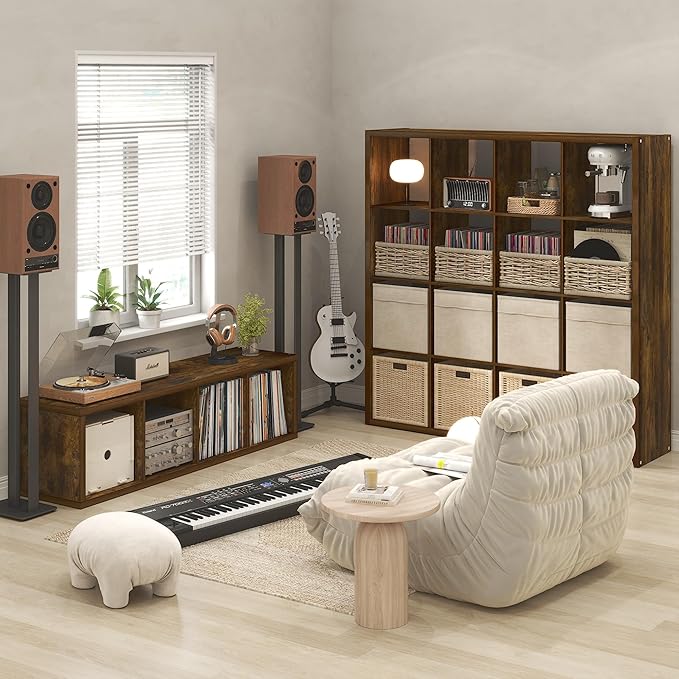 Furinno Cubicle Record Player Stand with Vinyl Storage, 12-Cube 1.2 Extra Thick Vinyl Record Storage, Open Back Media Shelf for CD DVD Blueray Game Disc, for Living Room, Home Office, Amber Pine