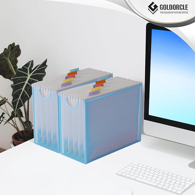 Hanging File Organizer, Letter-Size File Holder Filing Box with 5 Hanging Folders, Metal Mesh Desk File Folder Storage(No Assembly Required) (Blue, with 5 Grey Folders)