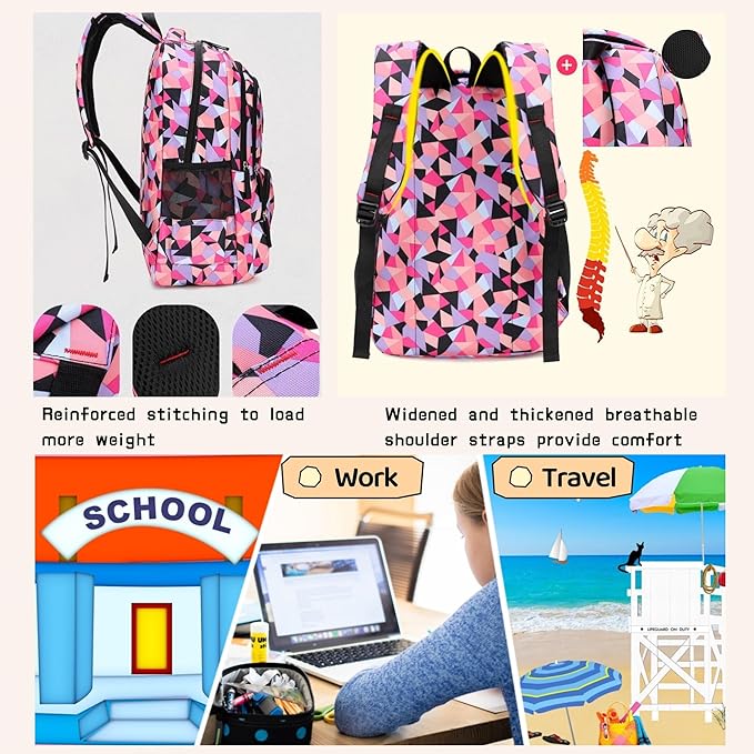 Bansusu 3Pcs Pink-a-3pcs Geometric Print Backpack and Lunch-Bag Set for Girls School Elementary Bookbags, 12.999.4418.89inch