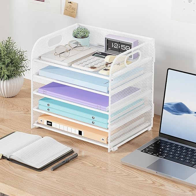 2 Pack 5 Tier Paper Organizer, Letter Tray with Handle, Mesh Desk Organizer, Metal File Organizer, Office Desk Accessories for Home, Office, Classroom, School -White