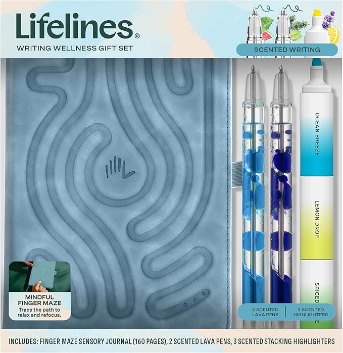 Lifelines Writing Wellness Gift Set - Scented Writing Set Includes Finger Maze Sensory Journal, 3 Scented Stacking Highlighters & 2 Lava Gel Pens - Aromatherapy & Sensory Immersion