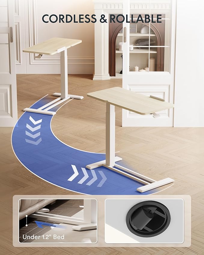 FLEXISPOT Adjustable Height C-Shaped End Table with Split Tilting Top – Mobile Side Table for Sofa & Bedside, Slides Under Furniture, Hidden Wheels for Small Spaces(31.6"W x 15.7"D,White Wood Grain)