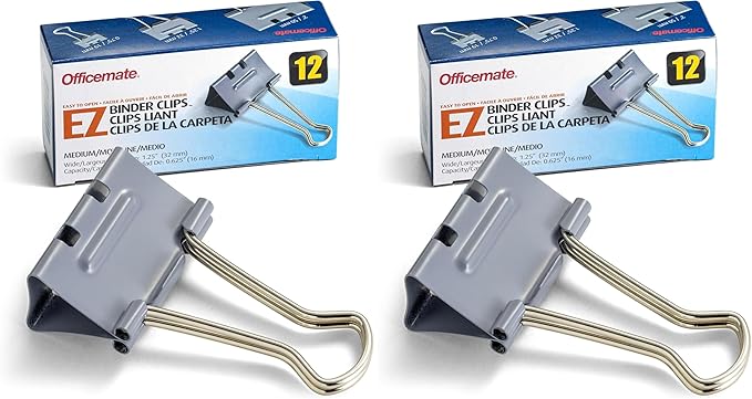 Officemate EZ Binder Clips,Medium Size,12/Box,Gray (99250),(Pack of 2)