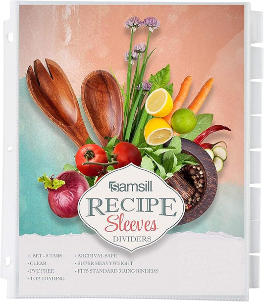 Samsill 8 Tab Recipe Dividers, Recipe Sleeves, Sheet Protector Dividers, with Tab Inserts, Clear, Super Heavyweight, Top Loading, 3 Hole Punched for Standard Letter Size Binders, Archival Safe