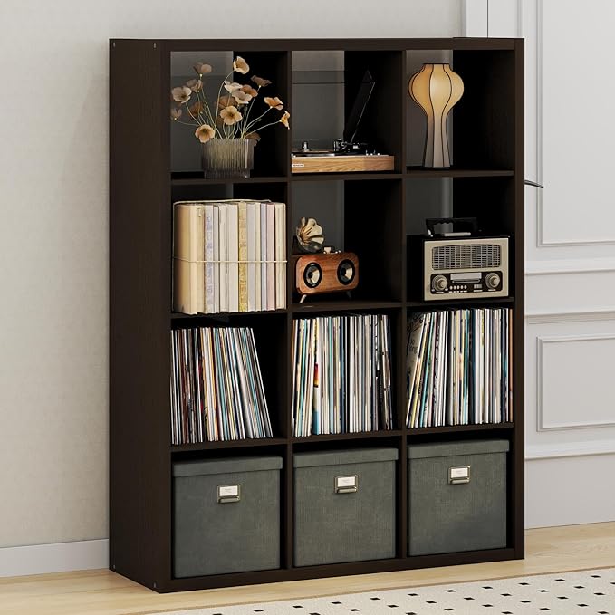 Furinno Cubicle Record Player Stand with Vinyl Storage, 12-Cube 1.2 Extra Thick Vinyl Record Storage, Open Back Media Shelf for CD DVD Blueray Game Disc, for Living Room, Home Office, Black Dark Oak