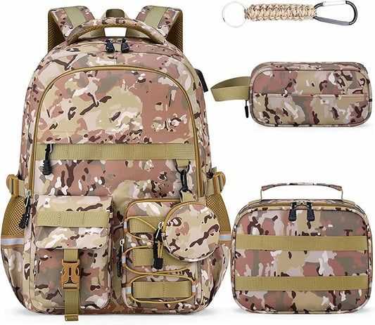 School Backpack for Boys - 5pcs Camo Boys Backpack with Lunch Box Set for Kids Teens Elementary Middle High School,18″ Large Capacity Students Bookbag