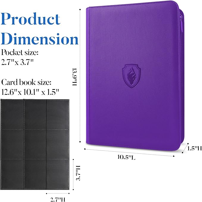 Premium Zip Card Binder, Fabmaker 9 Pocket Trading Card Binder, PU Cover Zipper Card Collection Album, Sturdy 360 Side-Loading Card Folder Holder for Game & Sports Cards, Purple