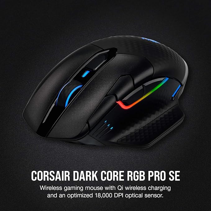 Corsair Dark Core RGB Pro SE, Wireless FPS/MOBA Gaming Mouse with Slipstream Technology, Black, Backlit RGB LED, 18000 DPI, Optical, Qi Wireless Charging Certified (Renewed)