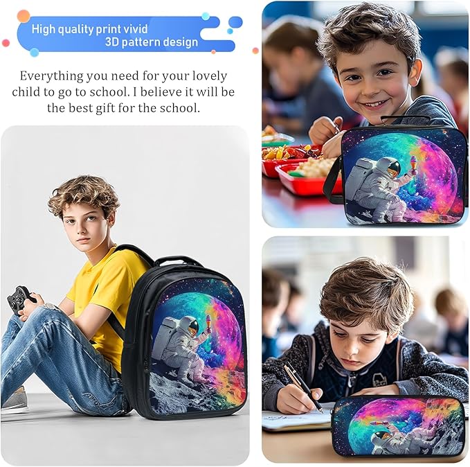Astronaut Backpack Set 3 Piece School Bags and Lunch Box with Pencil Case Galaxy Space Astronaut Bookbag Set for Toddler Kids Girls Boys Teens Kindergarten Elementary Middle