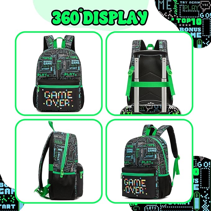 Game Backpack for School Boys Backpacks with Lunch Box Set Bookbag for Boys Travel Backpack Carry on Flight Approved Backpacks for School Kids