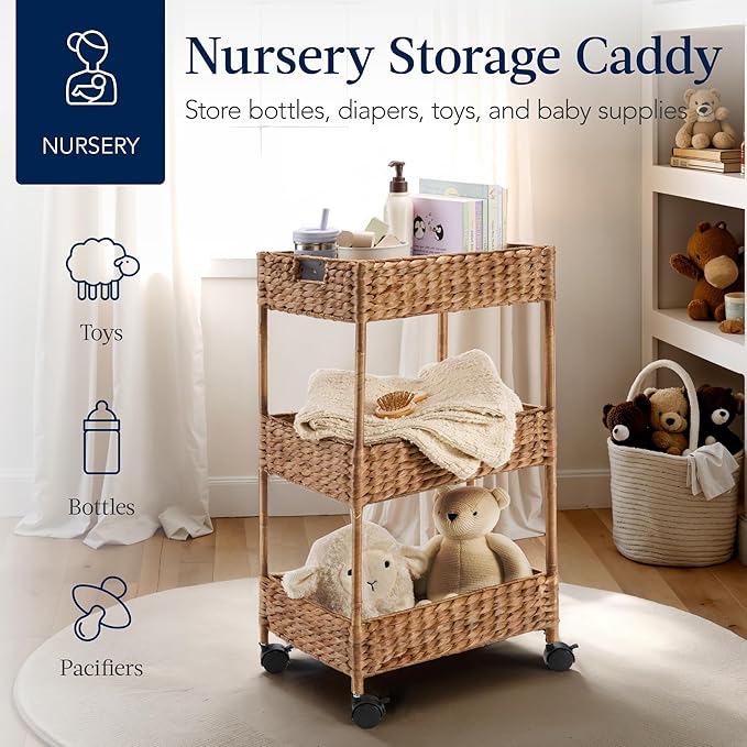 Best Choice Products 3-Tier Water Hyacinth Rolling Nursery Caddy w/Wheels, Utility Cart, Storage Organization for Bathroom, Craft Room, Laundry Room– Chestnut