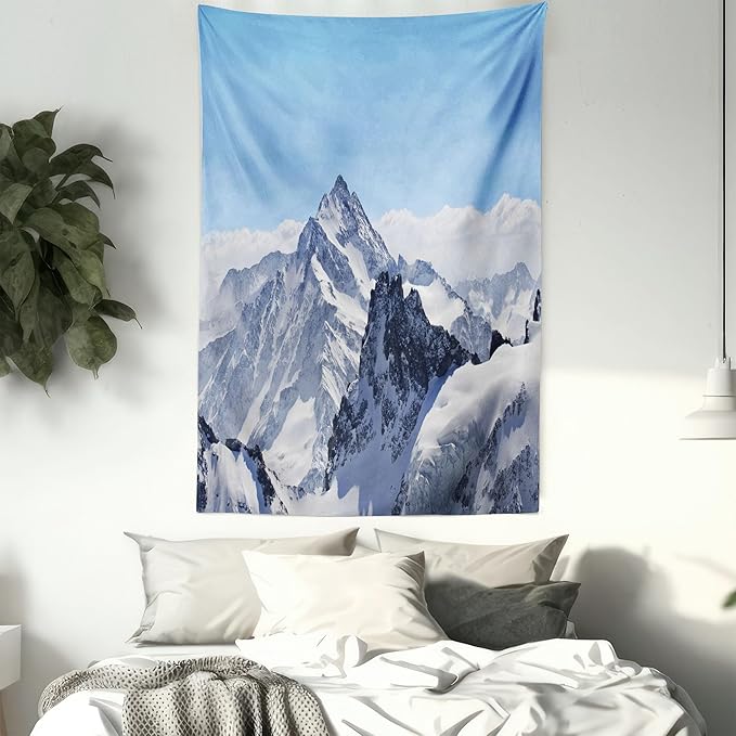 Ambesonne Winter Tapestry, Snowy Rocky Mountain Peaks Tops Scene High Lands ICY Frozen Swiss Outdoor Art, Wall Hanging for Bedroom Living Room Dorm Decor, 40" X 60", Blue and White
