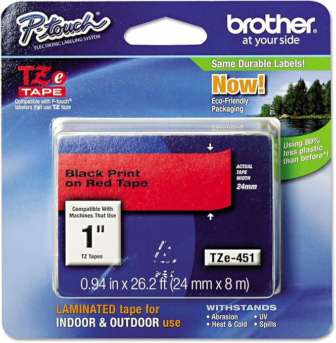 Brother Black on Red Label Tape - 0.94quot; Width x 26.20 ft Length - 1 Each - Thermal Transfer - Red