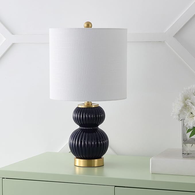 JONATHAN Y 20" Navy/Brass Gold Ribbed Gourd Glass Table Lamp, Modern Bedside Lamp for Bedroom Living Room, White Linen Drum Shade, LED Bulb Included (JYL1099D)