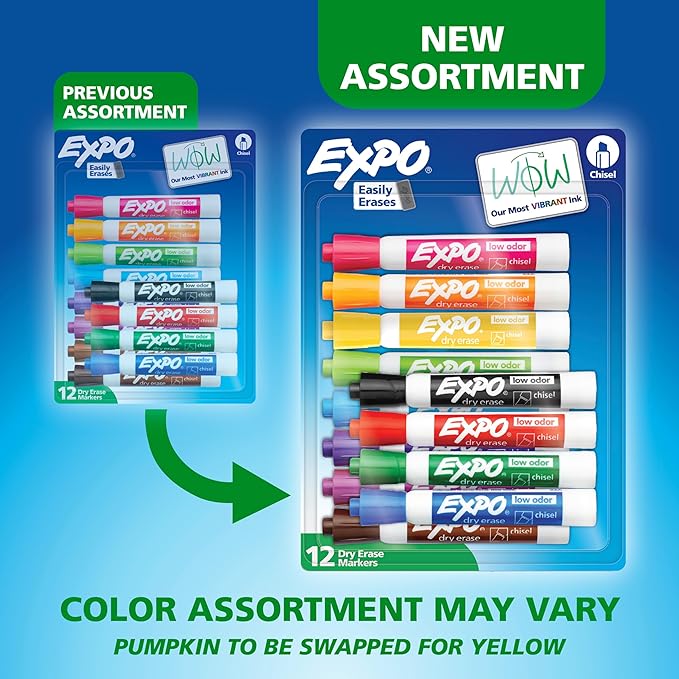 EXPO Dry Erase Markers, Low Odor Ink, Assorted Colors, Chisel Tip, 12 Count - Easily Erases, Vibrant Ink, Ideal for Classroom, Back to School Supplies, Teachers, Office, Whiteboard & Home