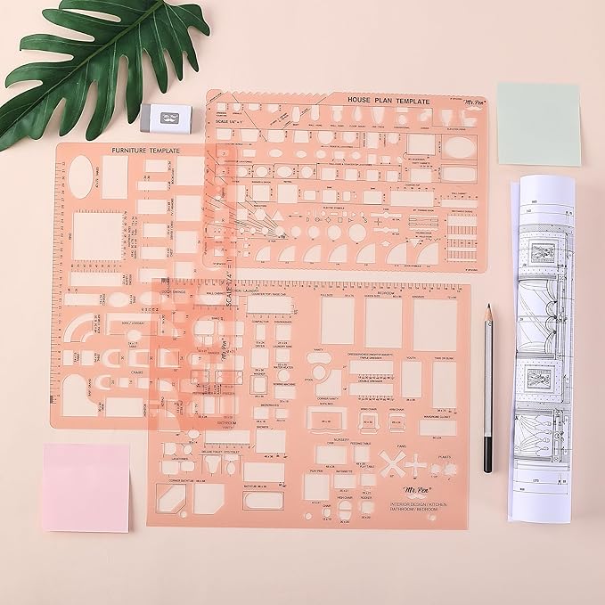 Mr. Pen- House Plan, Interior Design and Furniture Templates, Drafting Tools and Ruler Shapes for Architecture - Set of 3