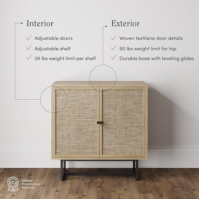 Nathan James Kova Rattan Wood Accent Sideboard Storage Cabinet TV Stand with Matte Metal Frame, Adjustable Shelves and Cane Doors, for Hallway, or Living Room, Light Oak/Cane/Black, Set of 2