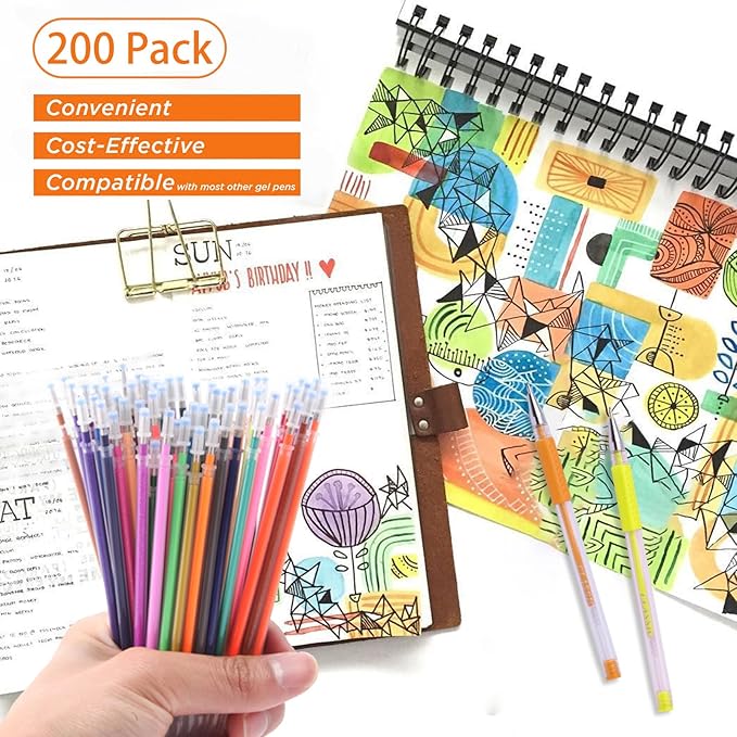 200 Colors Gel Pen Ink Refills, Glitter Neon Gel Ink Pens Refills Replace Cartridges for Adult Coloring Books Journaling Women Gifts, No Repeats