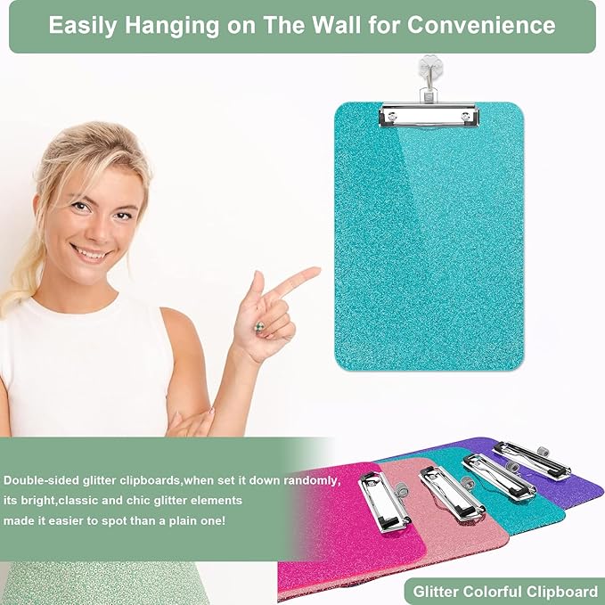 1 Pcs Clear Glitter Clipboards, Plastic Clipboard with Pen Holder,Size 8.85 x 12.4 in Shiny Clipboards with Low Profile Clip, Cute Hanging Clipboard for Office School Supplies Sparkly Clip board-Green