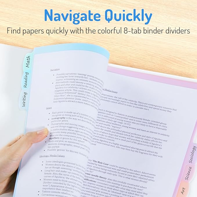 Forvencer 48Pcs/6Set Binder Dividers with Big 8 Tabs, Write&Erase Plastic Dividers for 3 Ring Binder, Tab Divider with Sticker Labels for Student, Teacher, Office, Home Organizers, School Supplies