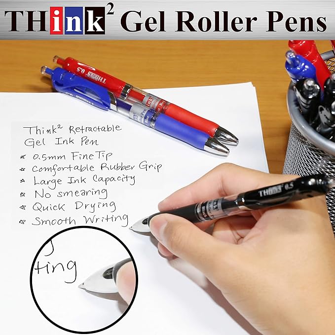 [24 Pens - 3 Colors] Think2 Retractable Gel Pens. (18 Black, 3 Red, 3 Blue) Fine Point (0.5mm) Rollerball Pens with Comfort Grip.