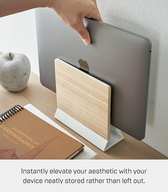 YAMAZAKI Home Rin Portable Laptop Holder Stand for Desk in Bedroom Or Office, Wooden Storage Station - Steel + Wood