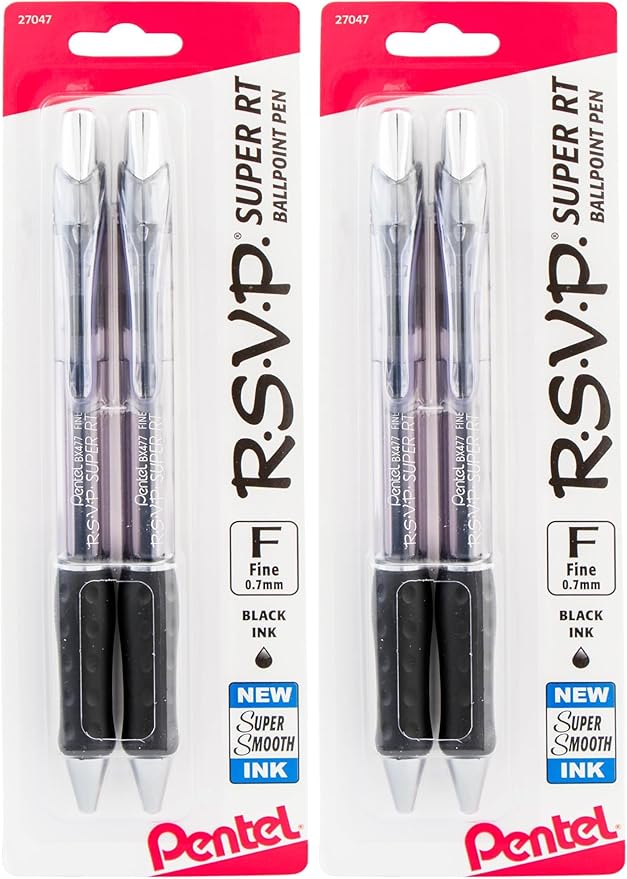 Pentel RSVP Super RT Ballpoint Pen, (0.7mm) Fine Line, Black Ink, 2-Pk - BX477BP2A (Pack of 2)