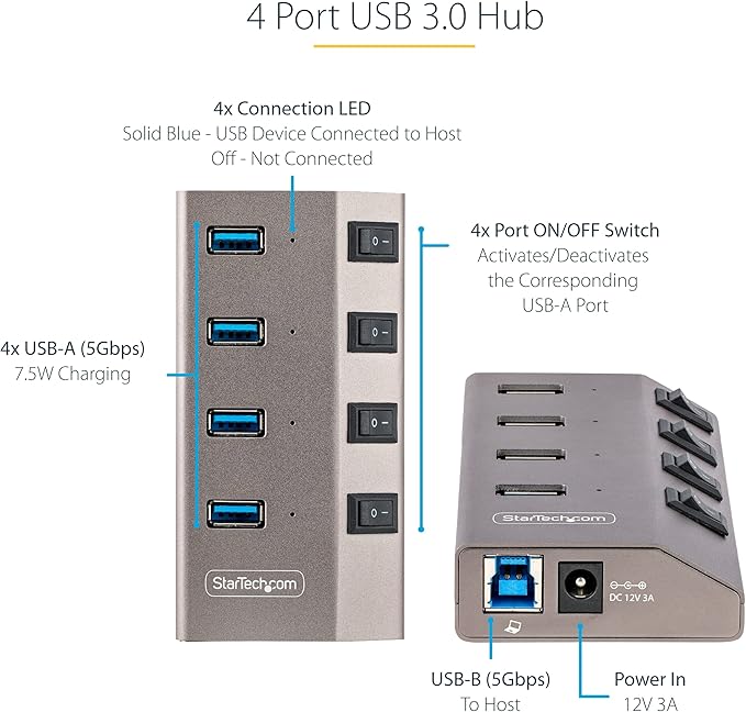 StarTech 4-Port Self-Powered USB-C Hub with Individual On/Off Switches, USB 3.0 5Gbps Expansion Hub w/Power Supply,Desktop/Laptop USB-C-USB-A Hub, USB Type C Hub w/BC 1.2(5G4AIBS-USB-HUB-EU),SpaceGray