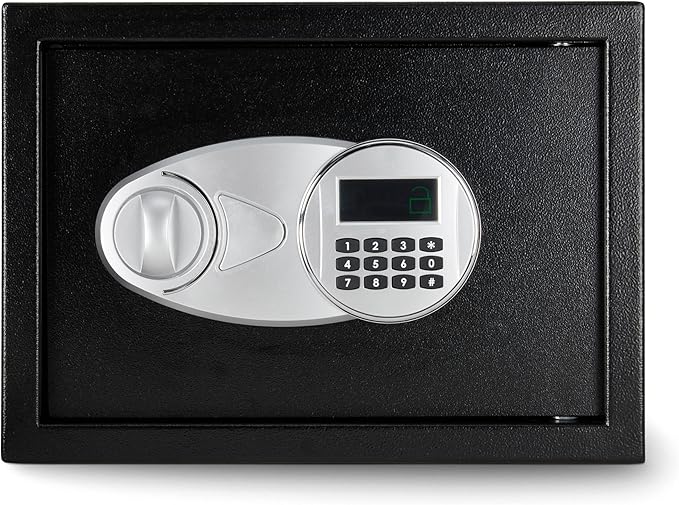 Amazon Basics Steel Security Safe and Lock Box with Electronic Keypad, Secure Documents Storage, Black, 0.5 Cubic Feet, 13.8" W x 9.8" D x 9.8" H, Removable Shelf