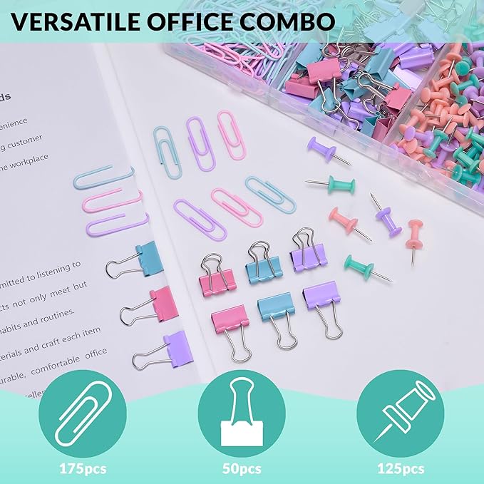 350pcs Paper Clips Binder Clips and Push Pins Set, Small Clips Office Supplies in Compartments Container for Multipurpose Document Organization (Pastel)