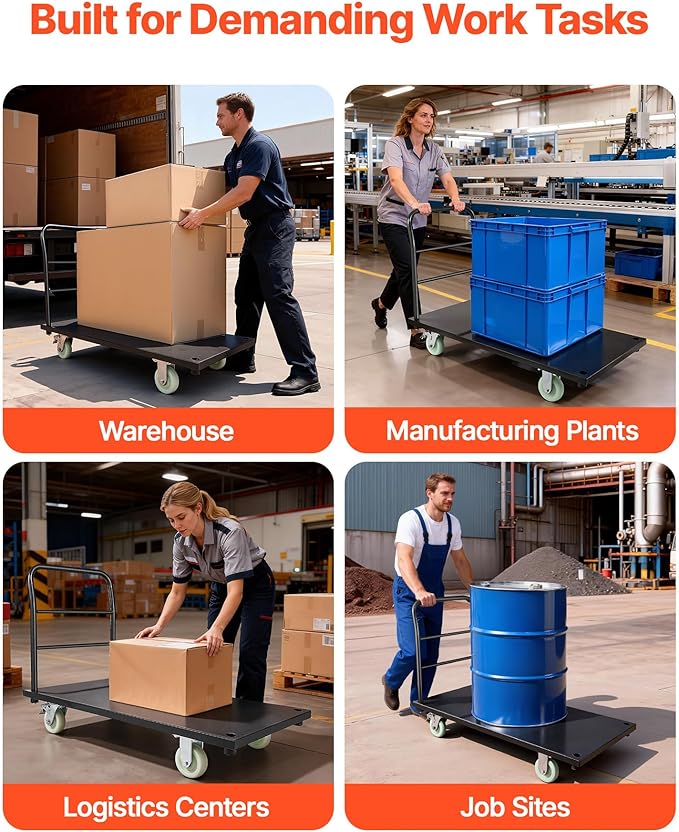 VEVOR Heavy Duty Platform Truck, 2000 LBS Industrial Steel Flatbed Cart with 360° Swivel Wheels, Platform Push Cart Dolly, Easy Storage for Warehouse/Garage/Moving/Garden (48" x 24" x 32")
