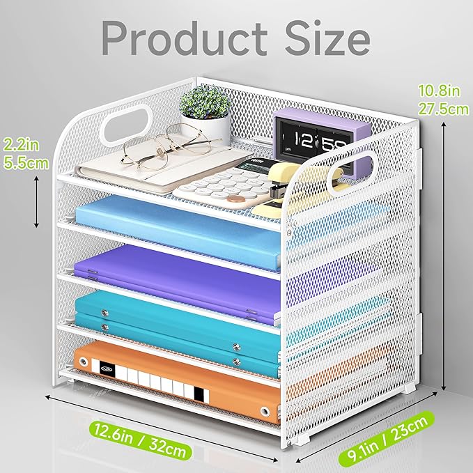 2 Pack 5 Tier Paper Organizer, Letter Tray with Handle, Mesh Desk Organizer, Metal File Organizer, Office Desk Accessories for Home, Office, Classroom, School -White
