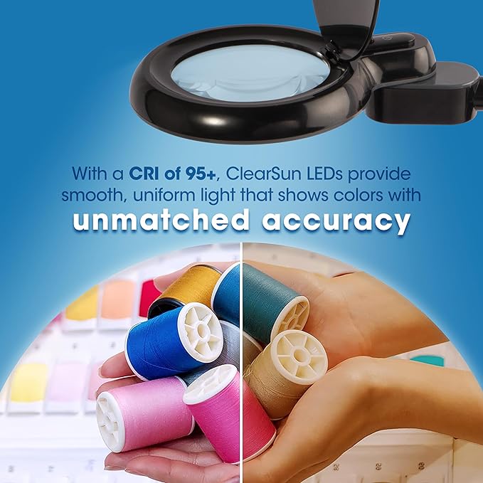 OttLite Space Saving Magnifier LED Desk Lamp, Optical Grade Magnification, Adjustable Arm, Pivoting Head, Portable to Travel, for Crafting & Needlework, Magnifying Glass with Light and Stand, Black