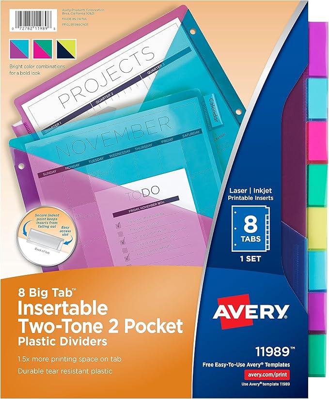 Avery Big Tab Insertable Plastic 2 Pocket Dividers for 3 Ring Binders, 8 Tab Set, Bright Two-Tone Multicolor, Works with Sheet Protectors, 1 Set (11989), Pack of 24