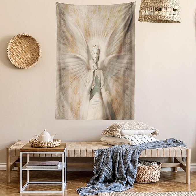Ambesonne Retro Tapestry, Angel Woman in Medieval Site Vintage Style Mythical Design, Wall Hanging for Bedroom Living Room Dorm Decor, 60" X 80", Yellow White