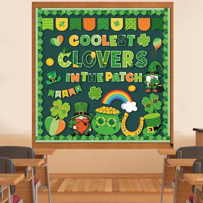 St. Patricks Bulletin Board Decorations - Irish Classroom Decorations, Shamrock Gold Coin Gnome Green Lucky Clover Paper Cutouts Set for School Chalkboard Office Wall Decor