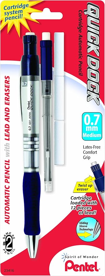 Pentel Quick Dock Automatic Pencil with Refill Cassette and 3 Erasers, 0.7mm, 1 Pack (QD7ELE3BP)