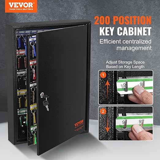 VEVOR 200-Key Cabinet, Key Lock Box with Adjustable Racks, Security Key Storage Box Steel, Key Organizer with 200 Colorful Key Tags and 4 Record Cards for School, Office, Hotel