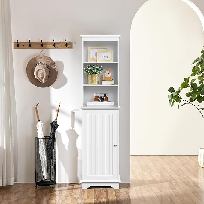 Yaheetech Tall Slim Storage Cabinet with 3 Shelves & Door, Freestanding Linen Cabinet for Bathroom, Living Room, Entryway, 16 x 12 x 60.5 Inches, White