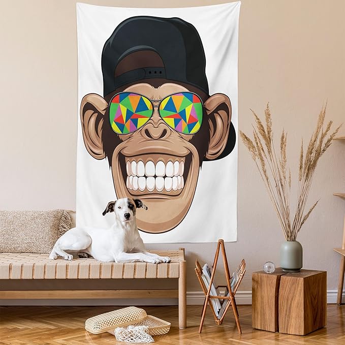 Ambesonne Cartoon Tapestry Queen Size, Fun Hipster Monkey with Colorful Sunglasses and Hat Rapper Hippie Ape Art, Wall Hanging Bedspread Bed Cover Wall Decor, 88" X 88", White Brown
