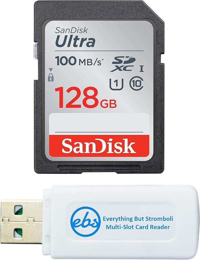 SanDisk 128GB SD Ultra SDXC Memory Card Works with Canon EOS Rebel T5 (SDSDUNR-128G-GN6IN) Bundle with Everything But Stromboli Memory Card Reader