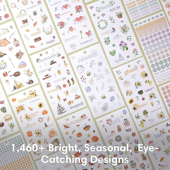 Blue Sky Sticker Book, Everyday and Monthly Planner Stickers, Undated, Glued with Bungee, 1460+ Stickers for Journals and Calendars (Floral, 4.5" x 9")