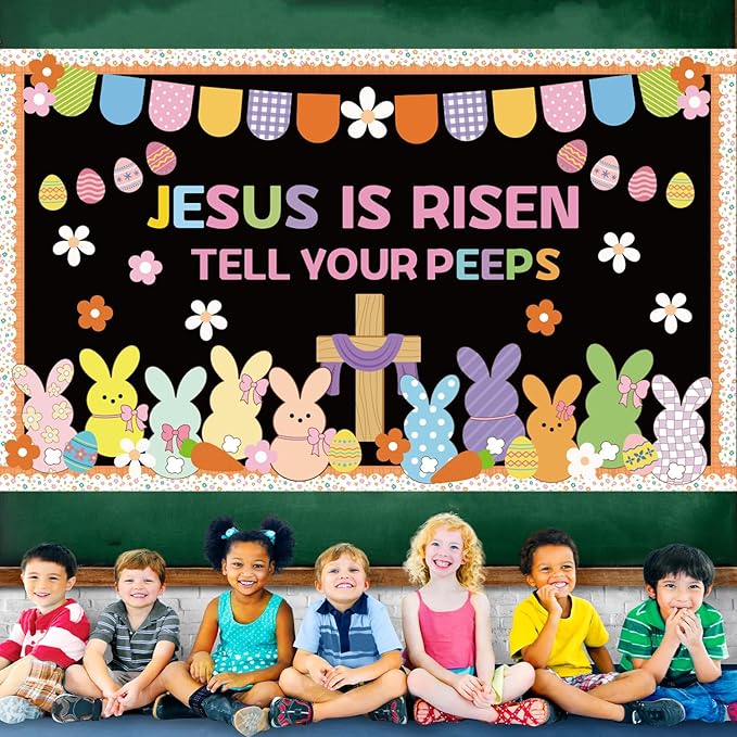 Easter Peeps Bulletin Board Decorations Set 75Pcs Jesus is Risen Cross Christian Easter Classroom Decor with Border Candy Bunny Peeps Eggs Cutout for Chalkboard Wall Door Religious Church Home Office