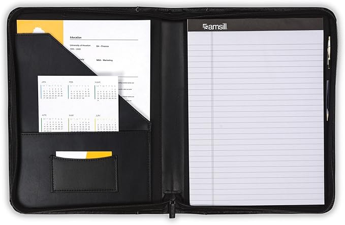 Samsill Contrast Stitch Leather Zippered Portfolio Folder/Business Portfolio for Men and Women, Resume/Document Organizer with Writing Pad, Black (71720)