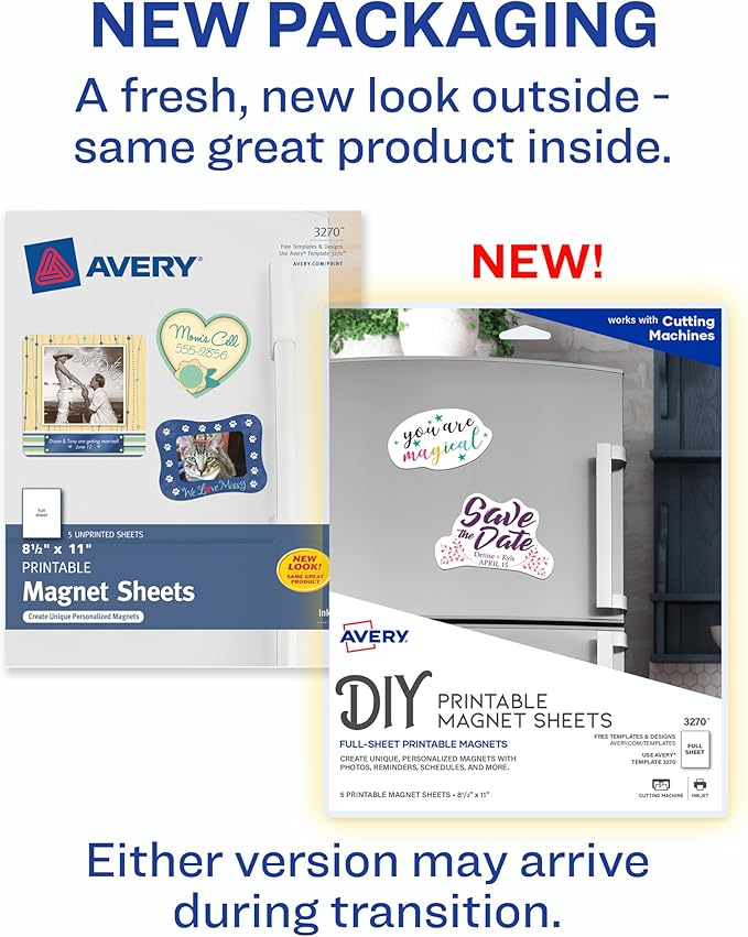 Avery Printable Magnet Sheets, 8.5" x 11", Inkjet Printer, Pack of 60 Matte White Sheets (3270)