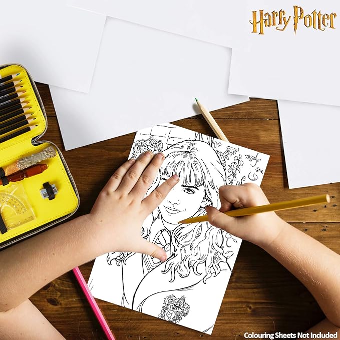 Harry Potter Gifts Pencil Case with Secret Light Wand Pen, Large Double Zip Organizer Filled with School Art Supplies for Kids, Boys and Girls (Black/Yellow)