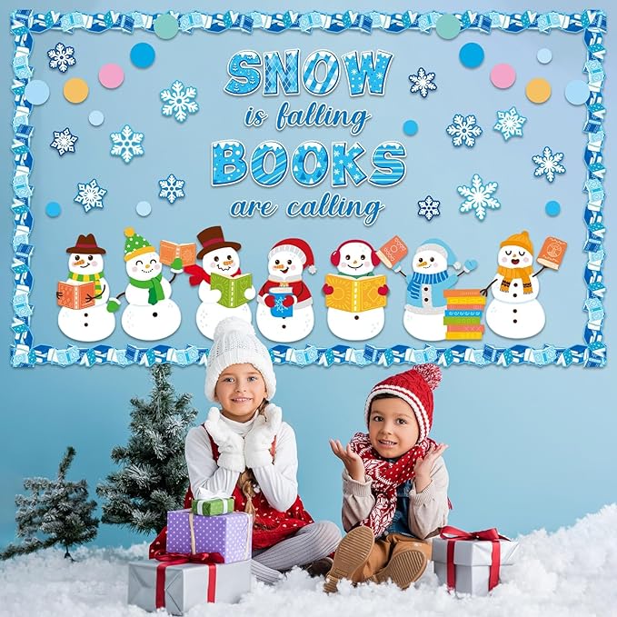 Winter Reading Bulletin Board Decoration Set Snowman Snowflake Classroom Decoration Snow is Falling Books are Calling Paper Cutouts Christmas Bulletin Board for School Home Wall Holiday Supplies
