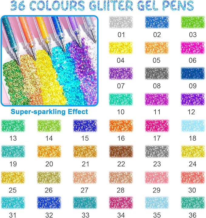 SAYEEC Glitter Gel Pens, 36 Colored Metallic Gel Pens Set, 1.0mm Super Sparkle Gel Ink Pens, Art Glitter Paint Markers for Adult Coloring Books Scrapbook Journaling Drawing Doodling Note Taking Crafts