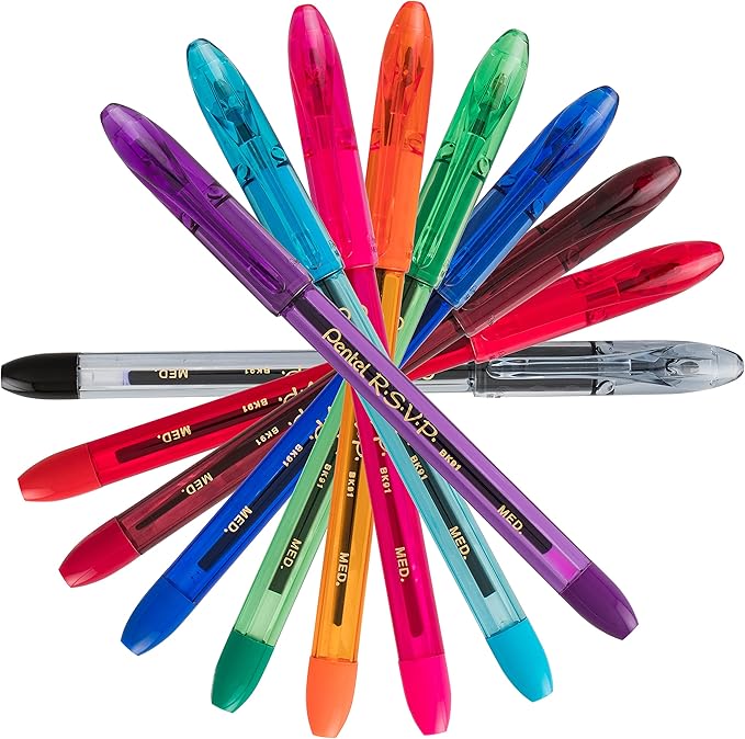 Pentel RSVP Colors Ballpoint Pen, (1.0mm), Medium Line, Black Ink, Pack of 2 (BK91CRBP2A)