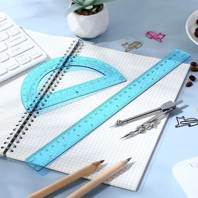 Zonon 3 Pcs Plastic Ruler 6 Inch Protractor Drawing Compass Set, Student Geometry Math Transparent Measuring Tools for Home School Classroom Office Supplies(12 Inch,Blue)